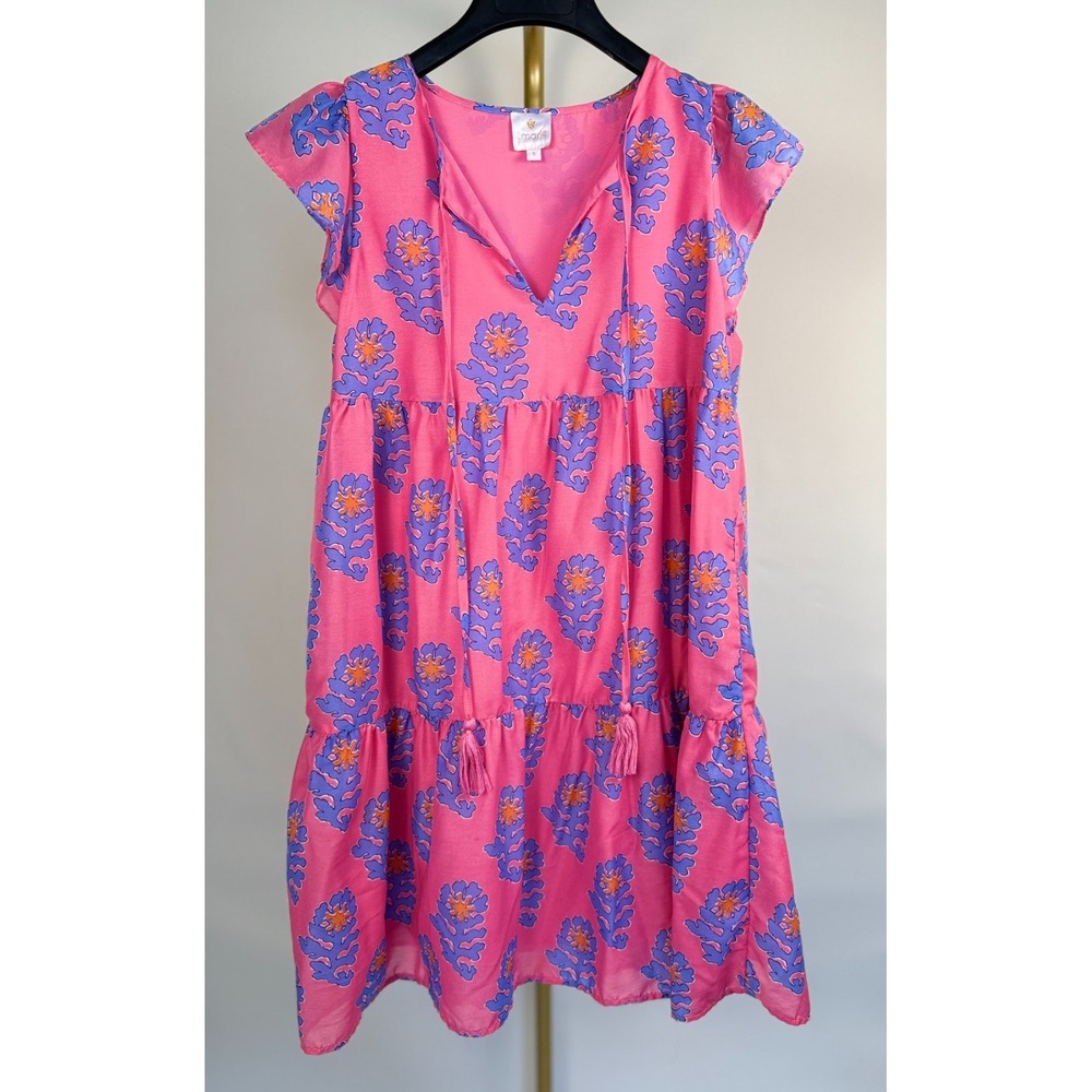 J Marie Piper‎ Ruffle Dress Pink Floral Tiered Mini Size Small Boho Summer - Picture 5 of 16